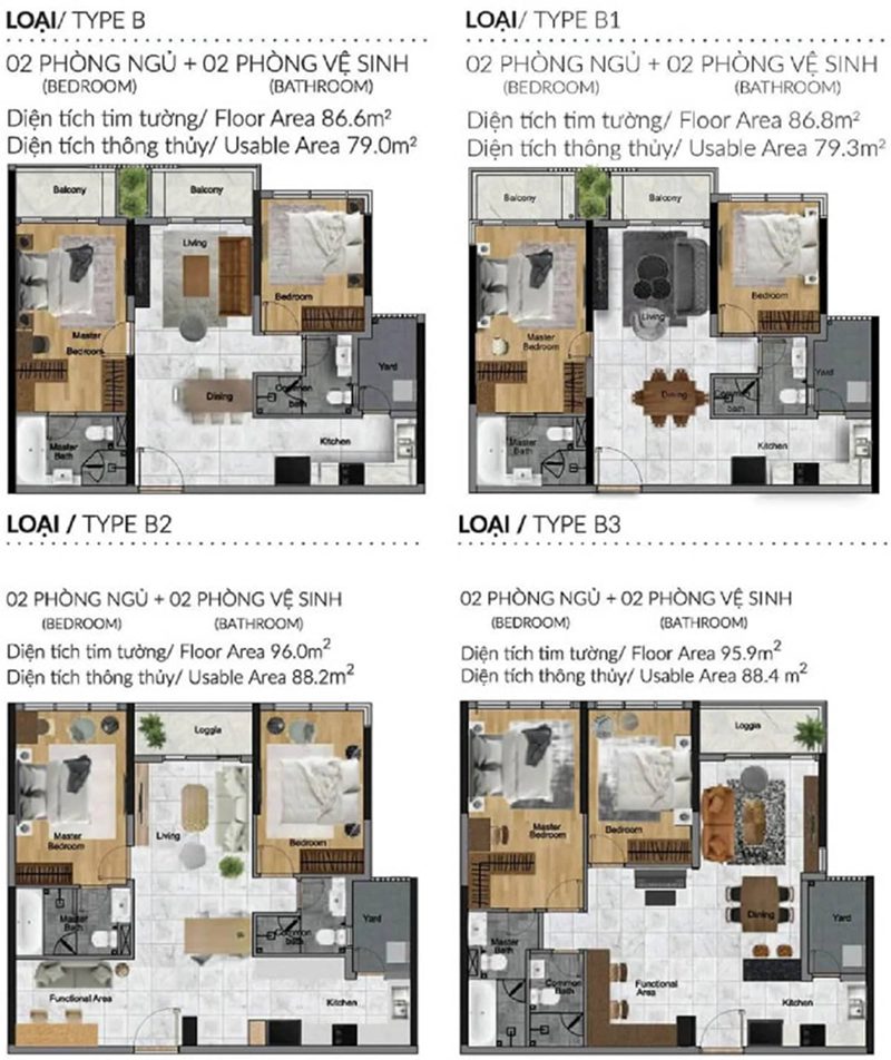 Mặt bằng căn hộ 2PN Diamond Alnata Plus